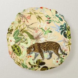 Vintage Moderne Blumen Tiger Dschungel Tropisch Rundes Kissen