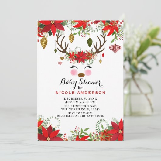 Vintage moderne Blumenrindeer-Kinderdusche Einladung (Stehend Vorderseite)