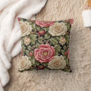 Vintage moderne Cabbage-Rose auf schwarz Kissen