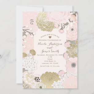 Vintage Moderne Florale Botanische Pinke Goldene H Einladung