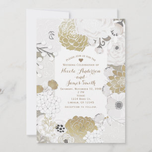 Vintage Moderne Florale Botanische Weißgold Hochze Einladung