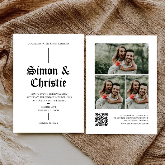 Vintage Moderne Fotocollage QR-Code Hochzeit Einladung