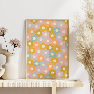 Vintage modernes Sechseck-Blumenmuster in Pastell Poster