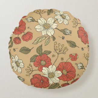 Vintage-Mohn- und Gänseblümchen-Blumen nahtloses G Rundes Kissen