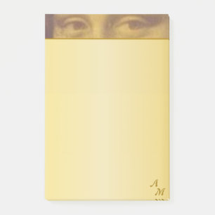Vintage-Mona-Lisa-Augen und Monogramm auf goldenem Post-it Klebezettel