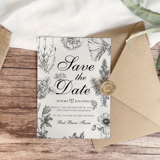 Vintage monochrome Botanische Hochzeit Save The Date