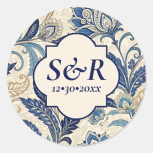 Vintage Monogram Blue Cream Damask Blumenhochzeit Runder Aufkleber