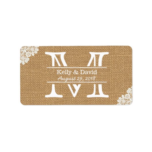 Vintage Monogram Burlap & Lace Rustikale Hochzeit Adressaufkleber (Vorne)