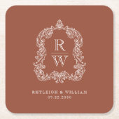 Vintage Monogram Crest Names Terracotta Wedding Rechteckiger Pappuntersetzer (Vorderseite)