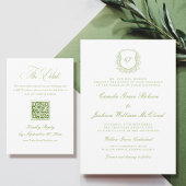 Vintage Monogram Crest White and Green Wedding  Einladung