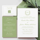 Vintage Monogram Crest White and Green Wedding  Einladung