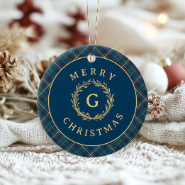 Vintage Monogram Kranz Blau Kariert Weihnachtsfoto Keramik Ornament