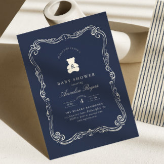 Vintage Monogram Navy Blau Teddy Bär Baby-Party Einladung