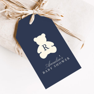 Vintage Monogram Navy Blau Teddy Bär Baby-Party Geschenkanhänger