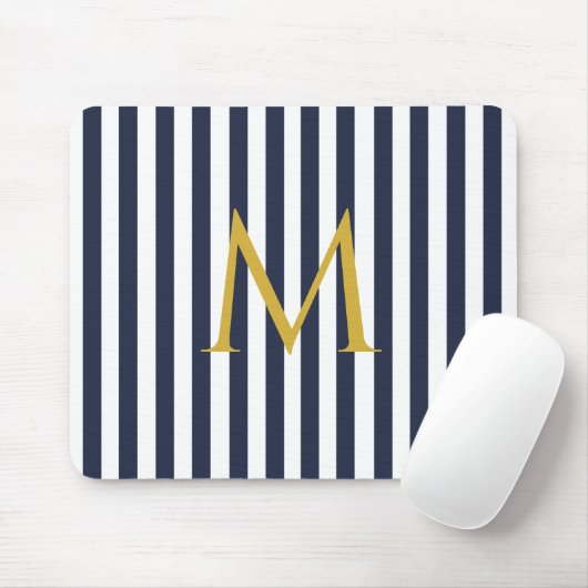 Vintage Monogram Navy Blue & White Streifen Streif Mousepad (Mit Mouse)