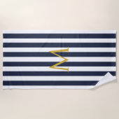 Vintage Monogram Navy Blue & White Streifen Streif Strandtuch (Vorderseite)