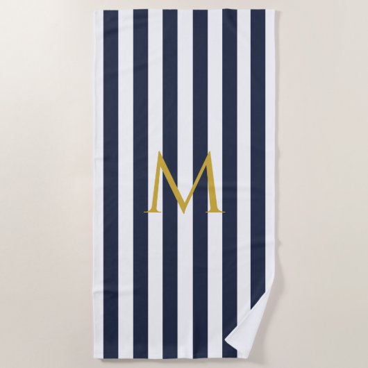 Vintage Monogram Navy Blue & White Streifen Streif Strandtuch (Vorderseite)