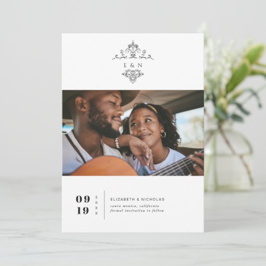 Vintage Monogram | Photo Save the Date (Stehend Vorderseite)