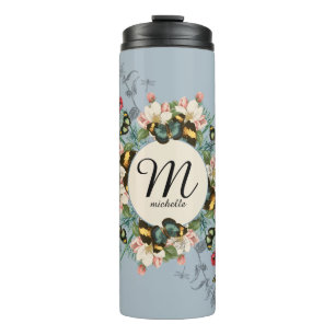 Vintage Monogram Schmetterling Staubblau Maßgeschn Thermosbecher