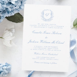 Vintage Monogram Weiß und Staubblau Hochzeit Einladung