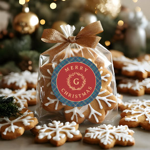 Vintage Monogramm Kieferkranz Rotkariert Weihnacht Runder Aufkleber
