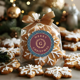 Vintage-Monogramm-Kranz Burgunderkariert Weihnacht Runder Aufkleber