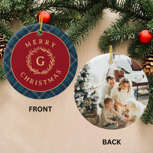 Vintage-Monogramm-Kranz Rotkariert Weihnachtsfoto Keramik Ornament