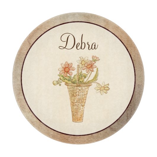 Vintage Monogramm Rosa und Gelbe Blumen Schneidebrett (Vorderseite)