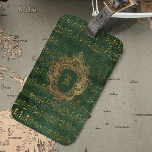 Vintage Monogramm-Wappen Musikmanuskript Grün Gold Gepäckanhänger