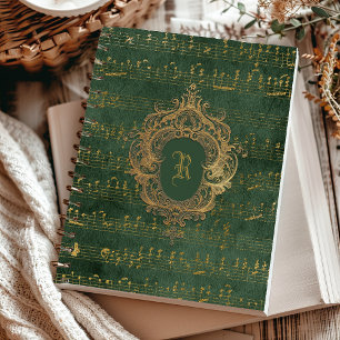 Vintage Monogramm-Wappen Musikmanuskript Grün Gold Notizblock