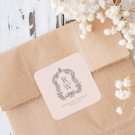 Vintage Monogramm-Wappen-Namen Rosa-Hochzeit Quadratischer Aufkleber