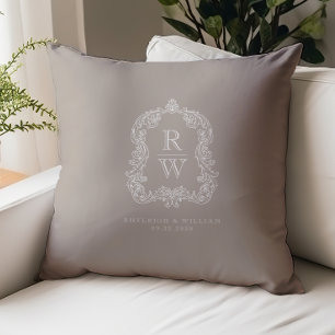 Vintage-Monogramm-Wappen-Namen-Taupe-Hochzeit Kissen