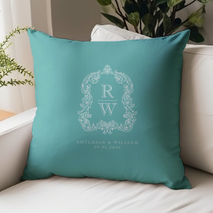 Vintage-Monogramm-Wappen-Namen Türkise Hochzeit Kissen