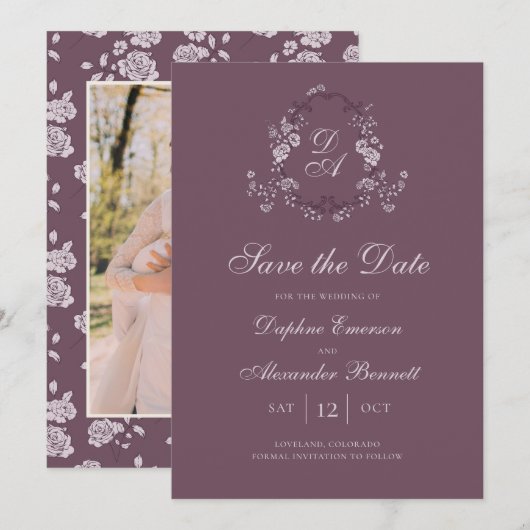 Vintage Monogrammierte Burgunder Botanik Save The Date (Vorne/Hinten)