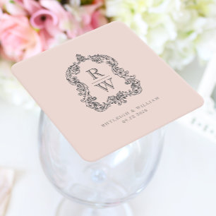 Vintage-Monogrammwappen Namen Rosé Hochzeit Rechteckiger Pappuntersetzer
