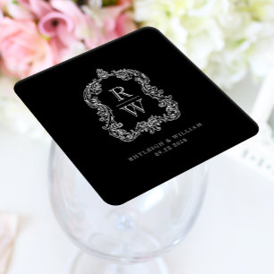 Vintage-Monogrammwappen Namen Schwarz Weiße Hochze Rechteckiger Pappuntersetzer