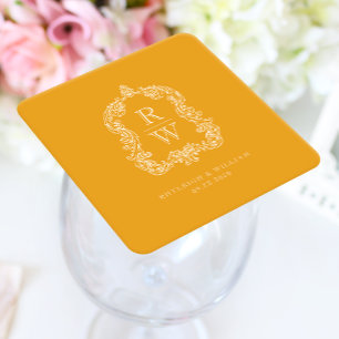 Vintage-Monogrammwappen Ringelblume Gelb Hochzeit Rechteckiger Pappuntersetzer