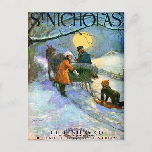 Vintage "MOONLIGHT SLEIGHRIDE" COVERART POSTCARD Postkarte (Vorderseite)