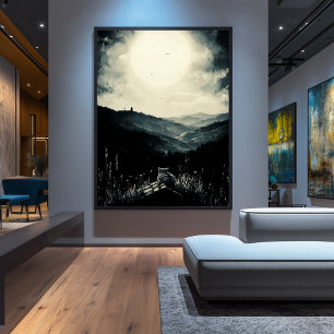 Vintage Moonlit Katze, ruhige, Nocturnal Landschaf Poster