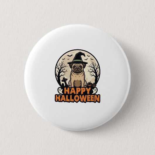 Vintage-Mops-Frohe-Halloween-Hexenhut-Shirt-Design Button (Vorderseite)