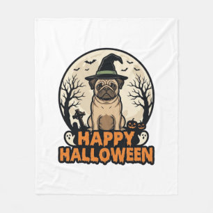 Vintage-Mops-Frohe-Halloween-Hexenhut-Shirt-Design Fleecedecke