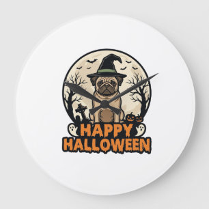 Vintage-Mops-Frohe-Halloween-Hexenhut-Shirt-Design Große Wanduhr