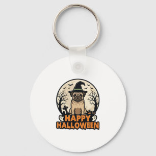 Vintage-Mops-Frohe-Halloween-Hexenhut-Shirt-Design Schlüsselanhänger