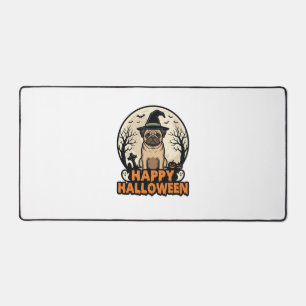 Vintage-Mops-Frohe-Halloween-Hexenhut-Shirt-Design Schreibtischunterlage