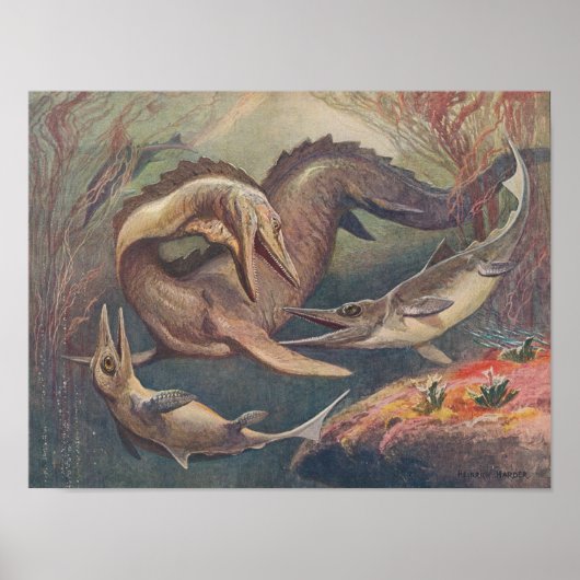 Vintage Mosasaurus vs. Ichthyosaurs Print Poster (Vorne)