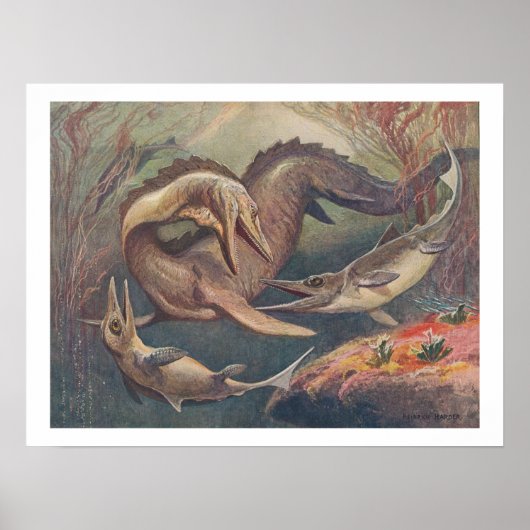 Vintage Mosasaurus vs. Ichthyosaurs Print Poster (Vorne)