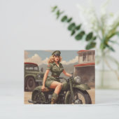 Vintage Motercycle-Frau Postkarte (Stehend Vorderseite)