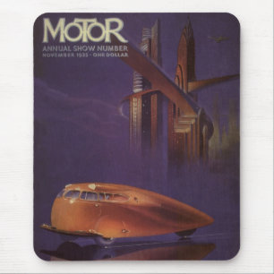 Vintage Motor Magazin-Cover, futuristisches Stadt- Mousepad