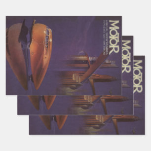 Vintage-Motor-Magazin-Cover, futuristisches Stadta Geschenkpapier Set