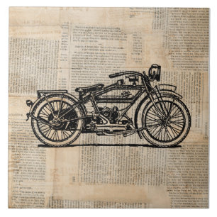 Vintage-Motorrad-Kunst im Zeitungs-Textstil Fliese